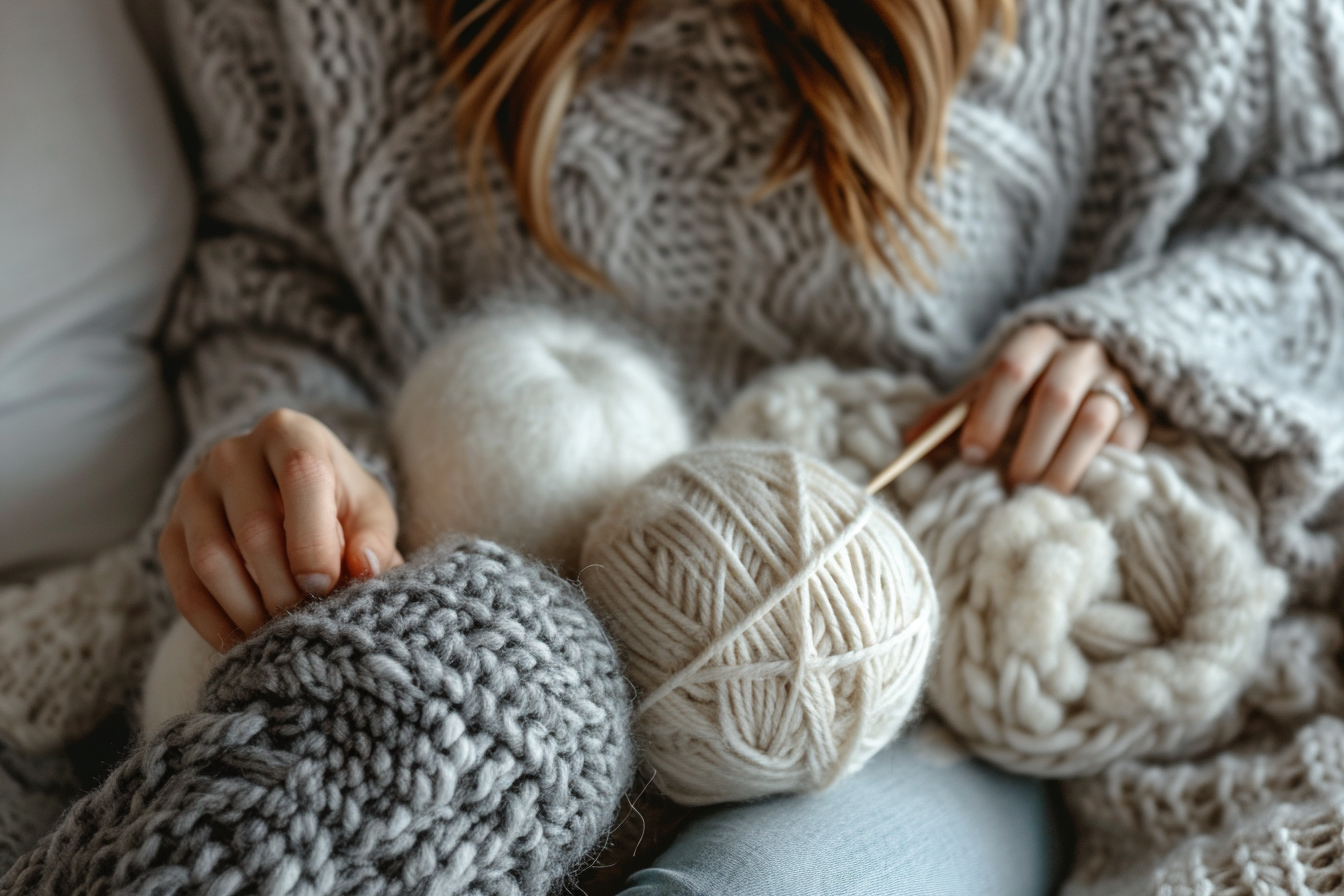 The material necessary to knit a wool cat The material necessary to knit a wool cat